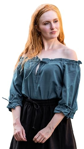 Leonardo Carbone® Damen Bluse Vera | Schulterfrei | Schnürung | Karneval, Halloween, Cosplay, LARP, Mittelalterbluse, Tunika, Kostüm, Festival, Event | 100% Baumwolle Petrol XL