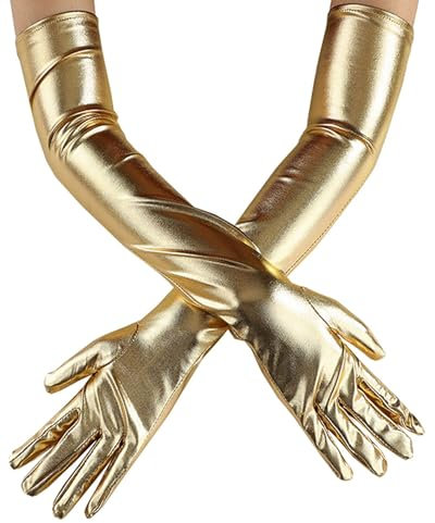LOZTBUE 1 Paar lange goldene Handschuhe für Damen – Handschuhe elastisch, glänzend, Opernhandschuhe, elegante Abendkleid-Handschuhe, Halloween-Kostüm, Cosplay-Kostüm