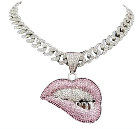 BISONBLUE Kette Damen Halskette Anhänger Frauen Mädchen Damenhalskette Männer Frauen Hip Hop Biss Lippe Form Halskette Kristall Iced Out Bling Hiphop Halsketten Mode