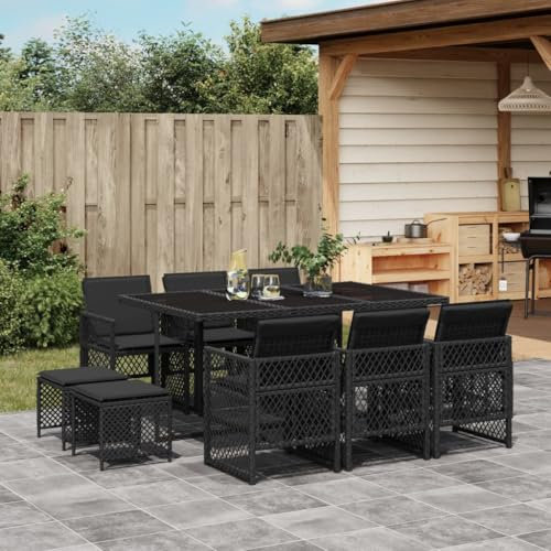 IKAYAA Gartenmöbel Set Rattan 10 Personen Garten sitzgruppe 10 Personen Gartentisch Set mit 10 stühlen Gartengarnitur Sitzgarnitur Essgruppe mit Kissen-Schwarz-11-tlg-Typ 2