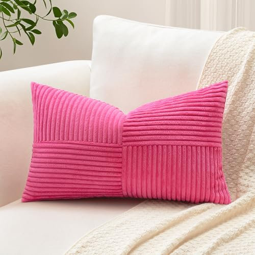 Sungeek 1 Stück Cord Kissenbezug, Kreuz Streifen Muster Kordsamt Kissenbezüge Sofakissen Dekokissen Patchwork Design Deko Zierkissenbezüge Kissenhülle für Wohnzimmer (40x60cm, Heißes Rosa)