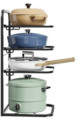 Warmiehomy Pots and Pans Organiser, 4-Tier Adjustable Pot Rack Organiser for Cabinet, Countertop & Wall-Mountable Heavy Duty Pot Pan Rack under Sink Organisers and Storage, Black