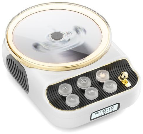 Retro CD Player Tragbar mit Bluetooth 5.3 HiFi Sound Lautsprecher Nachtlicht Staubschutz LED-Bildschirm FM-Radio Unterstützt AUX/TF Karte Kopfhörerbuchse für Geschenk Zuhause 4 in 1-Weiß
