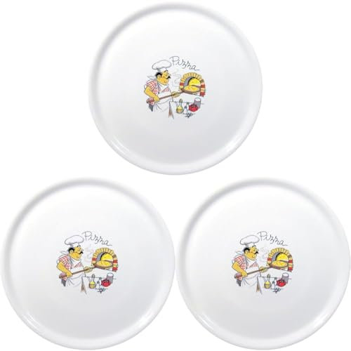 HENDI Piatto per pizza rotondo, piatto portapizza, porcellana, motivo: pizza al forno, adatto a microonde e lavastoviglie, ⌀330 mm, bianco (Confezione da 3)