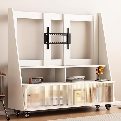 Mobile Rolling TV Stand with Adjustable Height & Angle Portable TV Cart on Wheels for 25-50 TVs Glass Storage Door Modern White Design Easy Mobility