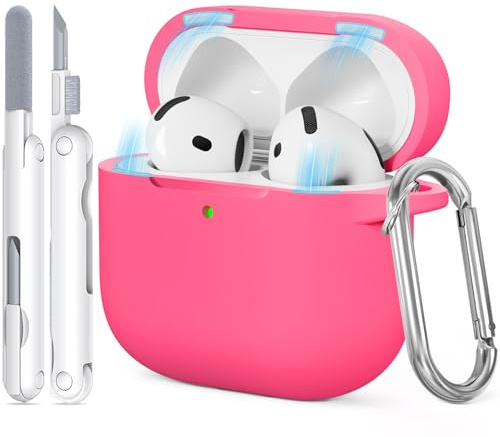 TNSNK für AirPods 4 Hülle (2024), Magnetic Lid Silikon Stoßfeste Schutzhülle mit Clean Kit & Keychain, Support Wireless Charging - Rose