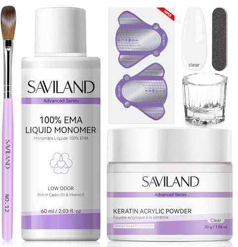 SAVILAND Acrylic Nail Kit: 30g Clear Acrylic Powder and 60ml EMA Monomer Acrylic Nail Set with Basic Nail Art Tools Acrylic Nail Brush & Nail Forms Manicure Kit for Home DIY Nail Art Salon