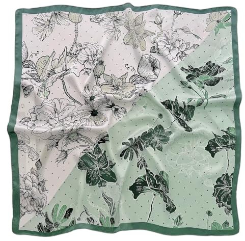 GIMIRO Frauen 70x70cm Schal Simulierte Seide Satinschal Kamelien-Blumenmuster in Schwarz-Weiß mit Mintgrüner Bordüre Elegantes Damen Halstuch (Green White Flower FJ933-1)