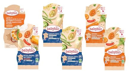 BABYBIO - 12 petits plats pour bébé - Repas midi et soir - Dès 12 Mois - 6 recettes - BIO - 12 x 200g