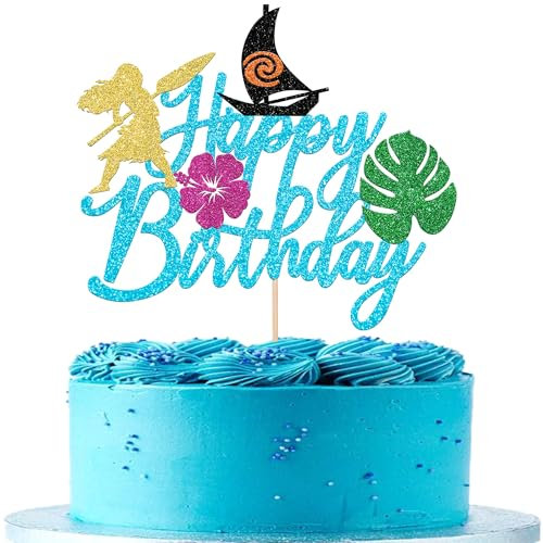 Xsstarmi 1 Pack Moana Happy Birthday Cake Topper Blue Glitter Palm Leaves Flower Moana Inspired Cake Pick for Tropical Aloha Theme Baby Shower Birthday Party Cake Decorations Suppllies