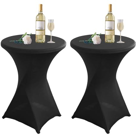 2er-Set Schwarz Stehtisch Stehtischhusse, Ø 80-85 cm Rund Stehtischdecken Elastisch Weiß Stretch Tischdecken mit Fußtaschen, für Bar Runde Tische Hochzeiten Geburtstagsfeiern Bankette - 80 x 110 cm