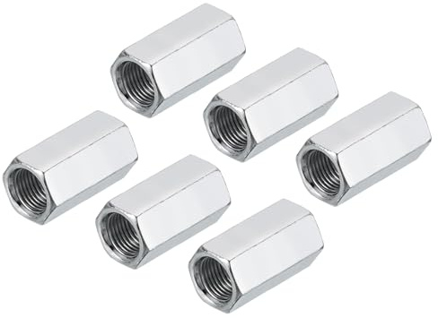 sourcing map Dadi esagonali M10 in acciaio al carbonio con passo 1, 6 pezzi da 25 mm di lunghezza, completamente filettati, per tubi, colore argento