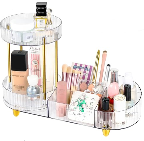 MOXYOY Makeup Organiser, 360° Rotating Compartment 2 In 1 Cosmetic Storage, perfume Organizers, Skincare Storage for Vanity, Bathroom,Bedroom (Clear)