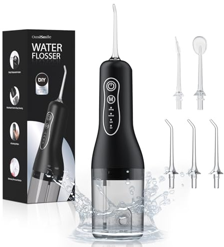 Munddusche Kabellos Elektrischer, Munddusche Testsieger 2025, 40 Tage Laufzeit, IPX7 Wasserdicht, 4 Druckmodi und 5 Aufsätzen inkl, 260ml Kompakt-Tank water flosser für Reise und Zuhause. Schwarz