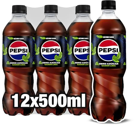 Pepsi zero Lima Refresco de cola con cero azúcar y cero calorías con sabor a lima, pack de 12 botellas de 500 ml, 6 litros en total