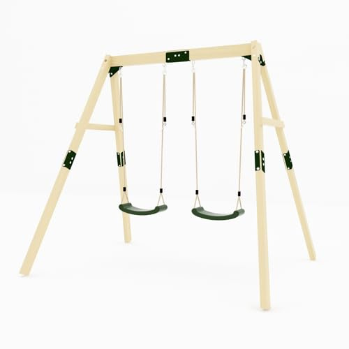 GALACTICA Outdoor Wooden Double Swing Set for Kids, Garden Swing with 2 Adjustable Seats, Sturdy Weather-Resistant Frame, Backyard Playground for Toddlers and Children