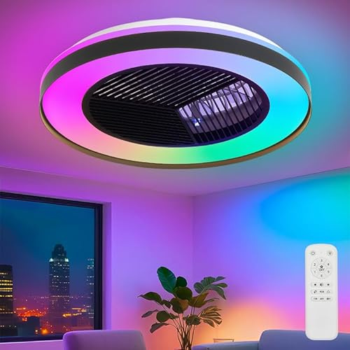50CM Ventilateur de Plafond RGB,Ventilateur Plafond Avec Lumiere RGB Et Télécommande,Dimmable lustre ventilateur de plafond silencieux,6 Vitesses Réversible Plafonnier Ventilateur Pour Chambre(noir)