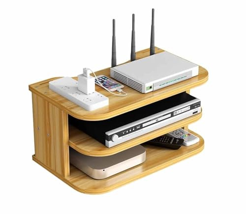 PREMZO Wall Floating Media Shelf TV Sky Box Set-Top Rack WiFi Router, DVD, Projector, Gaming Consoles, Multi-Layer Cable Management, Living Room, Bedroom Wall Organiser (Natural, 3 Tier)