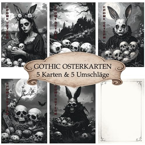 Berninja Gothic Osterkarten Set – 5 Grußkarten mit Umschlägen – Dark Art & Heavy Metal Style – Motivserie „Frohe Ostern“ – Schwarze Gothic Deko (5er set)