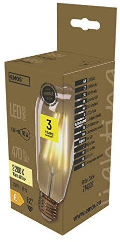 EMOS Filament LED Lampe Vintage, 4W Ersatz für 40W Glühbirne, E27 Sockel, Helligkeit 470 lm, Warmweiß 2200 K, 25000 h Lebensdauer, CRI min. 80, 320° Abstrahlwinkel, Amber, Edison-Lampenform