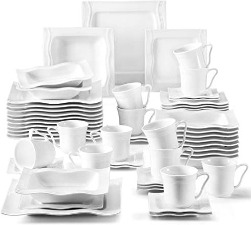 MALACASA Plates and Bowls Set, 60-Piece Square Porcelain Dinner Sets for 12 People, White Dinnerware Sets with 12 Piece Dinner Plates/Dessert Plates/Soup Plates/Cups and Saucers, Series Mario