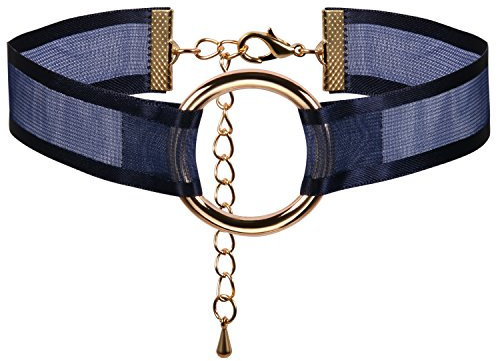 JewelryWe Schmuck Damen Choker Halskette mit O-Ring Anhänger Blau Transparent Gothic Halsband Sexy Kette Verstellbar Handarbeit