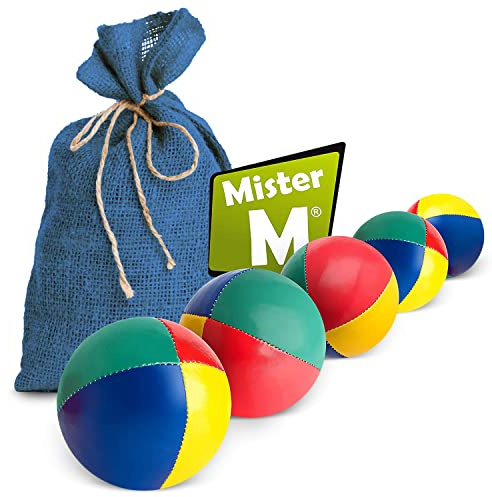 Mister M | 5 Jonglierbälle im blauen Jutesack | Leicht zu greifen | wasserdichte Beschichtung und umweltfreundliche Polsterung | Geeignet für Anfänger und Profis | Mit App und Online-Videotutorial