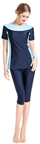 Lazzboy Frauen Muslimischen Badeanzug Mit Kappe Volltonfarbe Beachwear Bademode Burkini Kurzarm Oberteil Und Hose Islamischen 2-teilige Bescheidene Badebekleidung(Marine,XS)