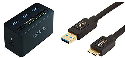 LogiLink CR0042 USB 3.0 Hub Mit All-in-One Card Reader (Micro SD/SD/MS/M2/CF) Schwarz & Amazon Basics 3.0-Kabel (A-Stecker auf Micro-B-Stecker) 1,8m