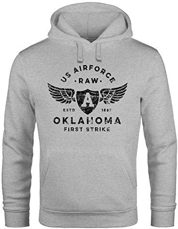 Neverless® Hoodie Herren Print US Airforce Oklahoma Aviator Kapuzen-Pullover Männer grau XXL