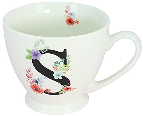 G Decor White Floral, 350ml, Alphabet A-Z Ceramic Tea Coffee XL Cup Mug, Novelty Drinkware for Morning or Evening Drink (S)