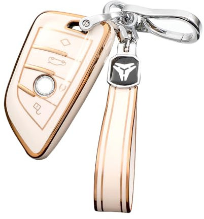 RXXR Schlüsselhülle für Autoschlüssel, Schutzhülle mit Schlüsselanhänger, TPU, kompatibel mit BMW 2, 5, 6, 7, Serie X1, X2, X3, X5, X6, Smart Key, weißgold