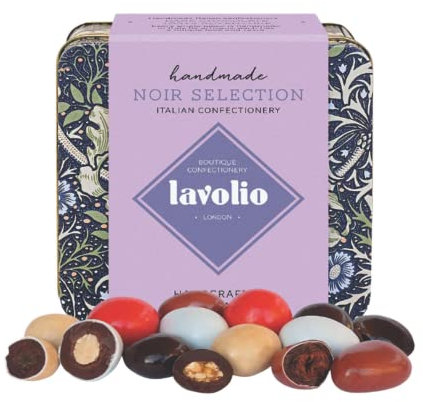 Lavolio Noir Selection Confectionery Gift Tin (175g) - Handmade Dark Chocolate Covered Nuts, Fruits and Sweets, Tin Box, Italian Chocolates, Perfect Present for Him or Her.