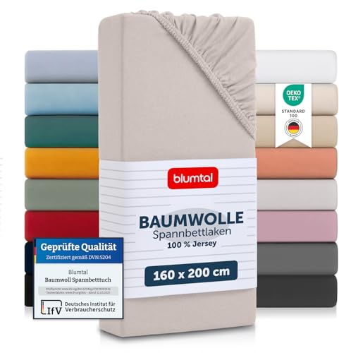 Blumtal® Basics Spannbettlaken 160x200x30cm Jersey im 2er Set - Bettlaken aus 100% Baumwolle - Oeko-TEX zertifiziertes Spannbetttuch 160x200x30cm - Elfenbein
