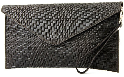 modamoda de - T106F - ital Clutch aus Leder mit Flechtmuster, Farbe:Dunkelbraun