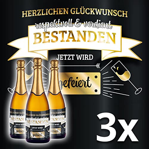 Flaschenetikett Bestanden Flaschen-Aufkleber für bestandene Prüfung, 3er Set Flaschen Etiketten für Abschluss, Abi, Studium, Führerschein uvm. (Banderole)