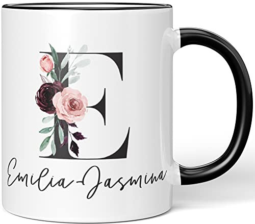JUNIWORDS Tasse, Emilia-Jasmina, Name Anfangsbuchstabe Initial Alphabet Floral Buchstabe E Monogramm Motiv, Schwarz (5567231)