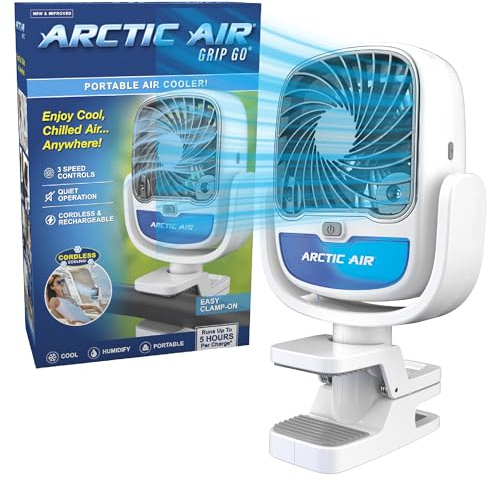 Arctic Air Grip Go Evaporative Cooler, Cordless & Portable Fan with 3 Speeds, Universal Clamp 360 Degrees Head Swivel, USB Charging, 5-Hour Battery, Personal for Home, Office, Car More, White