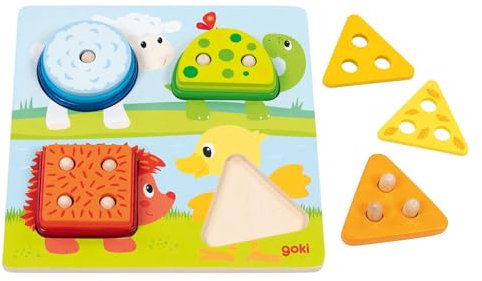 goki 58419 - Farb- und Formensortierbrett Tiere - aus Holz - niedliche Tiermotive - durch die großen Teile perfekt für Kinderhände