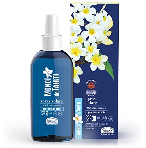 Helan, Monöi de Tahiti Sonnenspray 30 Körper transparent, Sunscreen mit Kokosöl, reiner Sheabutter und Vitamin E, Sonnenschutz 30 SPF Media gegen UVA, nicht fettend und fleckenfrei, 150 ml