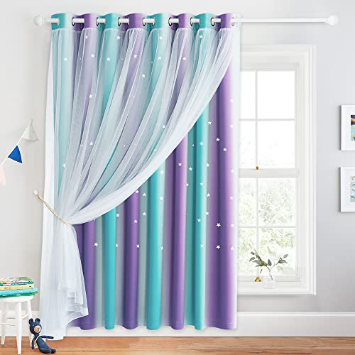 NICETOWN Curtains 84 inches Long - Extra Wide Patio Sliding Glass Door Curtain Star Cutout Curtains Ombre Blackout Curtains with White Sheer Overlay for Kids Nursery, W100 x L84, Teal Purple, 1 PC