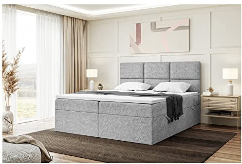 MEBLINI Boxspringbett mit Bettkasten - Gepolstert Doppelbett mit Matratze und Topper - Polsterbett mit Stauraum - Bett mit Kopfteil - Stauraumbett - KYLIAN - 180x200 - H4/Grau Webstoff