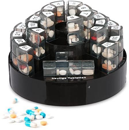 Relaxdays Tablettenbox 31 Tage, 4 Fächer pro Tag, deutsche Beschriftung, BPA-freier Kunststoff, Medikamentenbox, schwarz