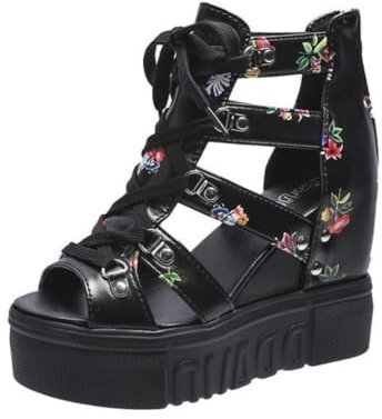 Damen Plateau-Mary-Jane-Sandalen mit Fledermaus-Herzkette, offener Zehenbereich, Knöchel, Gothic-Plateauschuhe, Pumps, Schuhe, klobige Plattform, Lackleder-Kleiderschuhe