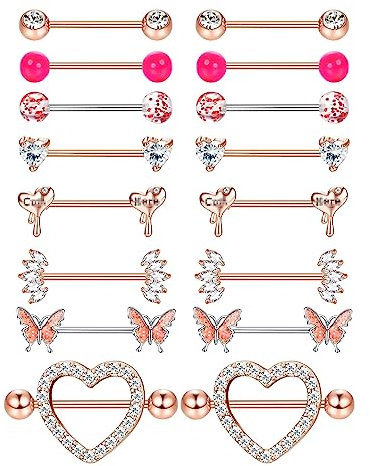 Adramata 8 Paar 14G Nippelpiercing Chirurgenstahl Brustwarzenpiercing Set CZ Schmetterling Nippel Piercing Set Kugel Herz Zungenstangen Nippelpiercing Körper Piercing Schmuck Damen