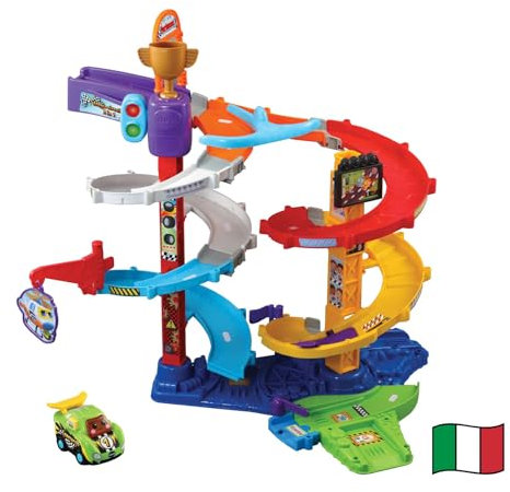 VTech Vroom Vroom Go - Mega Circuito 2 in 1, Pista Macchinine a Spirale, 2 Configurazioni per Giocare Seduti o In Piedi, Incluso Veicolo, Pista Macchine con 5 Zone Magiche, Lingua Italiana, 1-5 Anni
