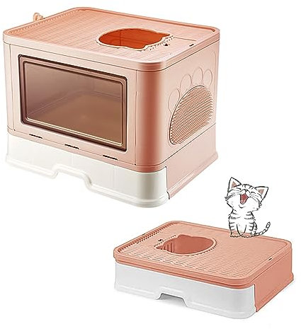MINGYI Bac à Litière pour Chat Fermée, Grande Maison de Toilette Chat Pliable avec Couvercle, Tiroir à Litière avec Pelle, WC pour Chats, Jusqu'à 7 kg (Rose L 48,5×38×36,5 cm)