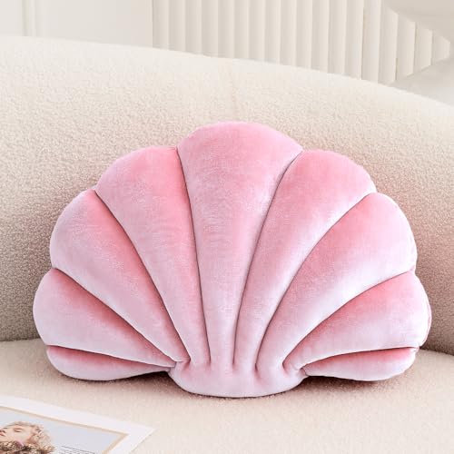 XIAIJIA Deko-Kissen in Muschelform, Zierkissen mit 3D-Inlet, Strandkissen, weiches Samtkissen, maritime Dekoration für Couch, Bett, ca. 46 x 33 cm, rosa