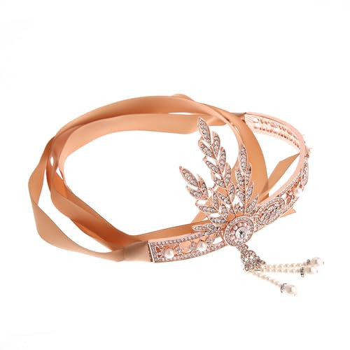 LEEMASING 1920s Flapper Rhinestones Pearls Feather Headband Vintage Gatsby Headpiece Crystal Hair Headband For Party Festival Wedding Costume (Rose Gold)