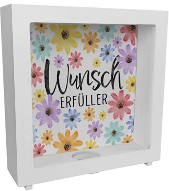 Blumen Rahmen Spardose aus Holz mit Spruch Wunscherfüller Bunt Floral Positiver Freudebringer Geburtstag Wunsch-Erfüller
